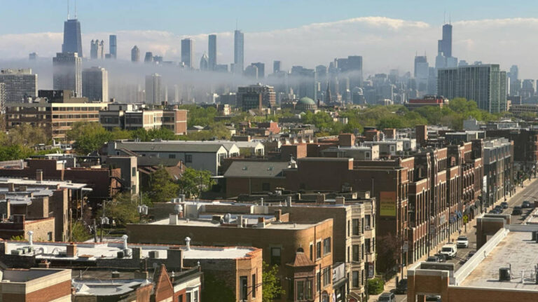 Panoramic view of the small high rises and local shops and restaurants in Lake View