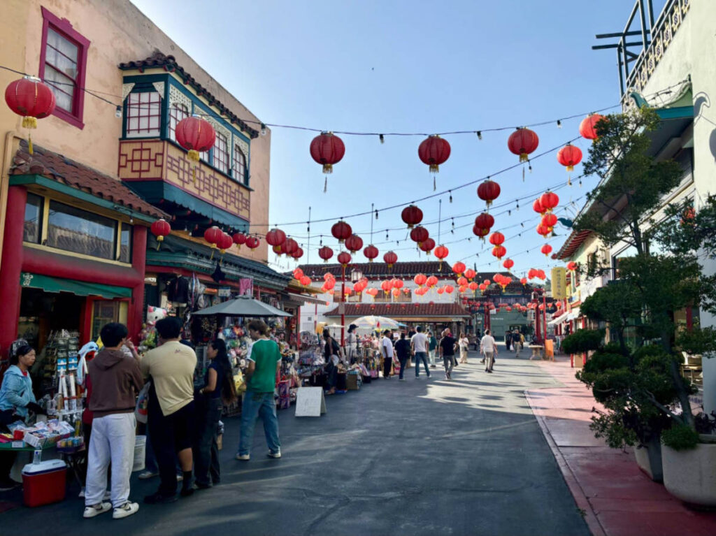 View of the hanging lanterns over the street in Chinatown in DTLA