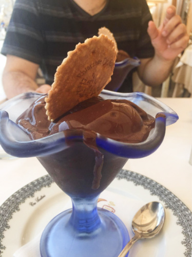 A chocolate gelato with a biscuit on top