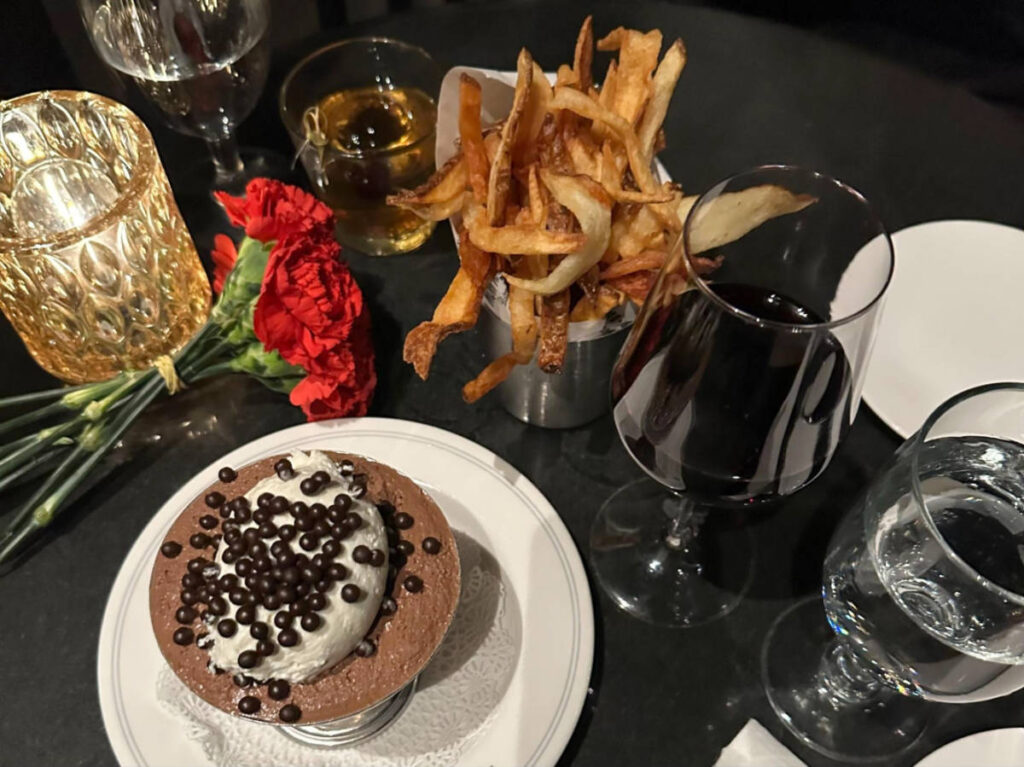 The chocolate mousse and french fries from Mon Ami Gabi