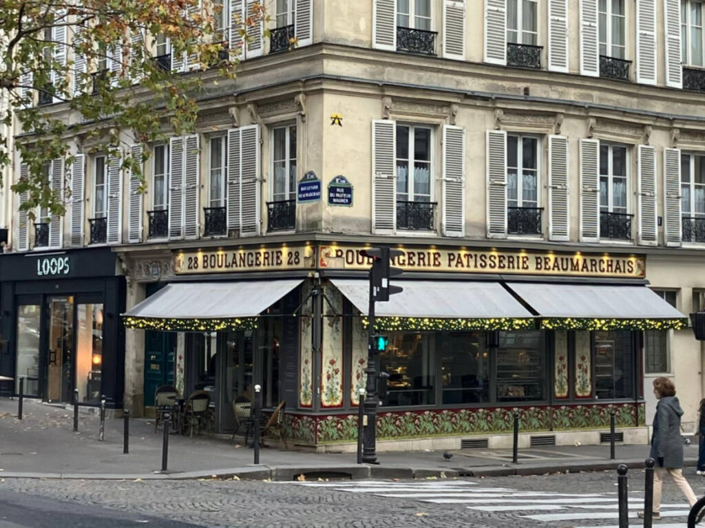 The bakery decorated for Christmas seen from across the street