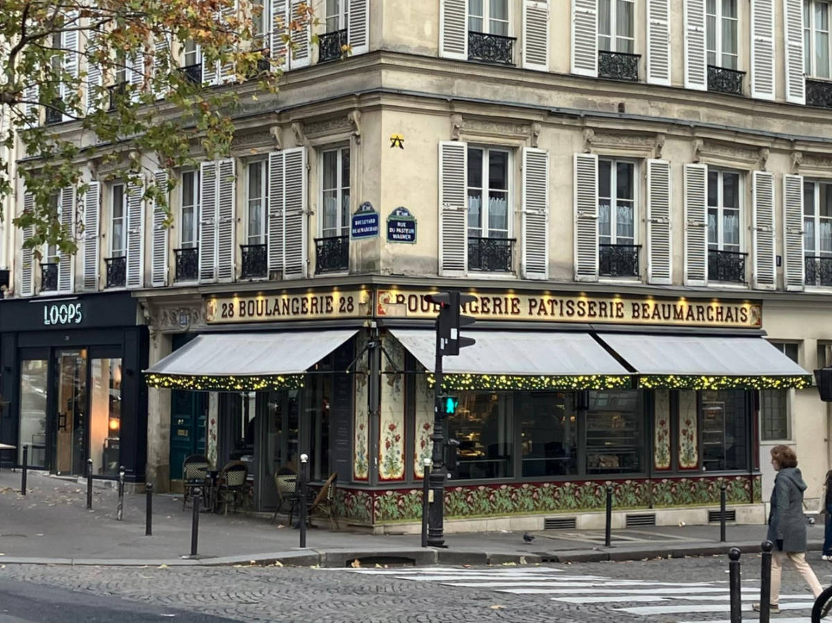 The bakery decorated for Christmas seen from across the street