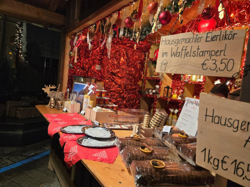 The displays and signages at a stall in the Christmas market