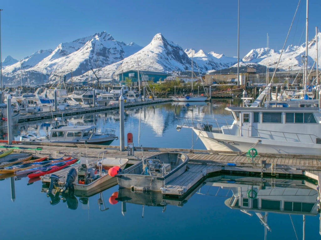 Scenic view of the Chugach Mountains from the Valdez Boat Harbor