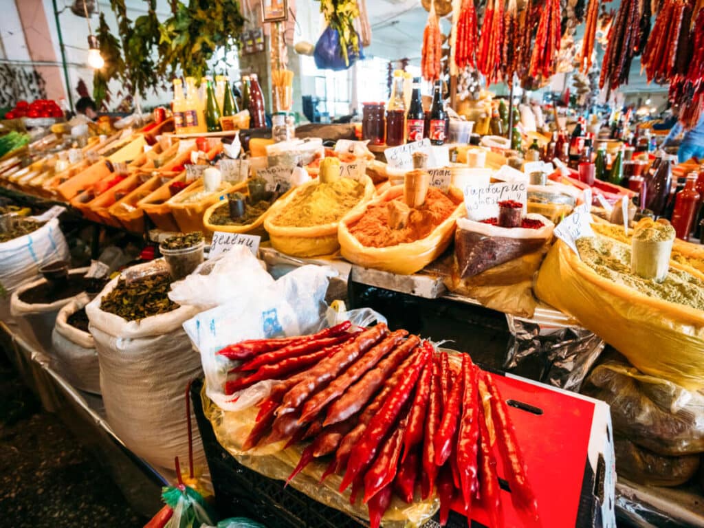 Churchkhela, a candle shaped candies and other spices displayed at the Batumi Bazaar