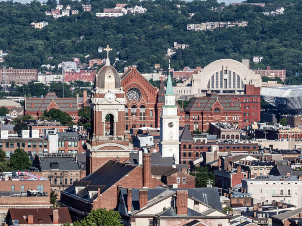 Aerial view of the Music Hall, Museum Center, Old St. Mary's Church, and Bell Events Center at The Cincinnati West End