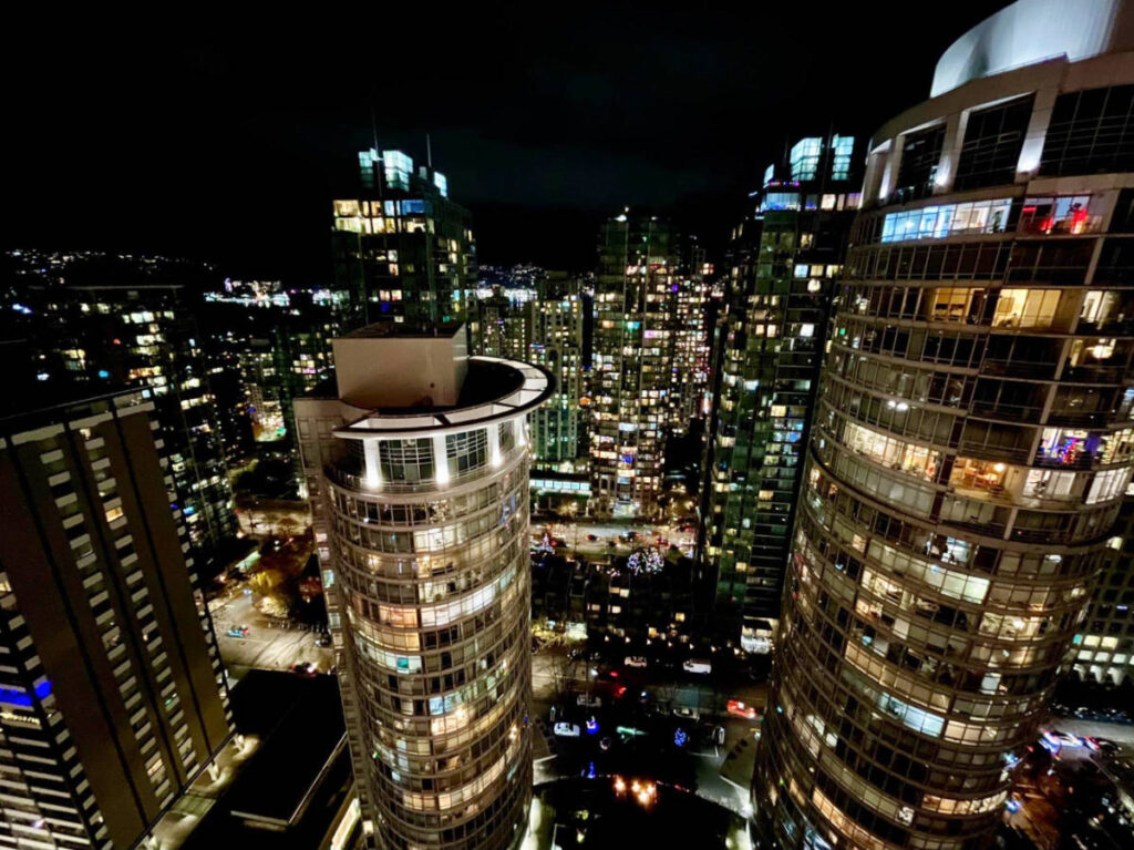 View of the city at night from a room at the Blue Horizon Hotel