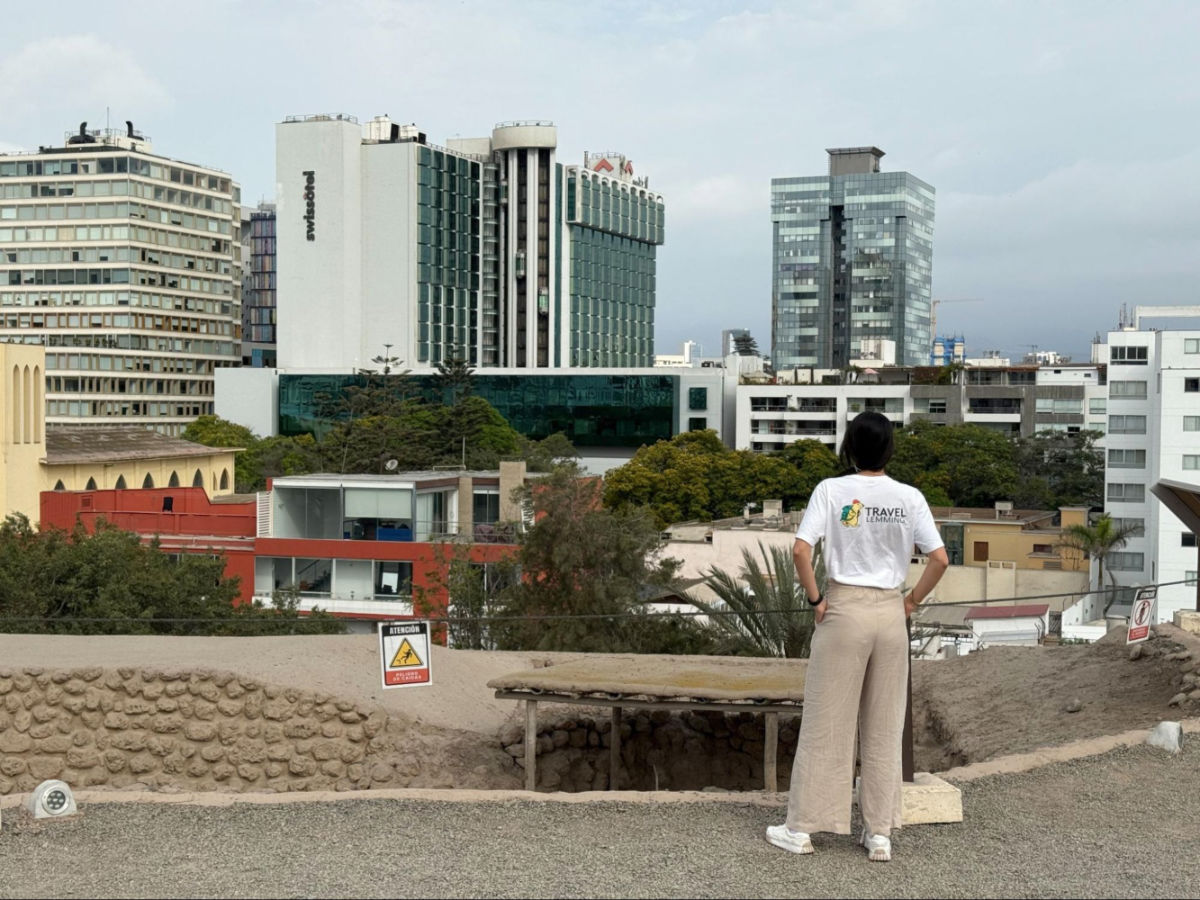 Writer Clara looking over San Isidro from atop the Huaca Huallamarca pyramid