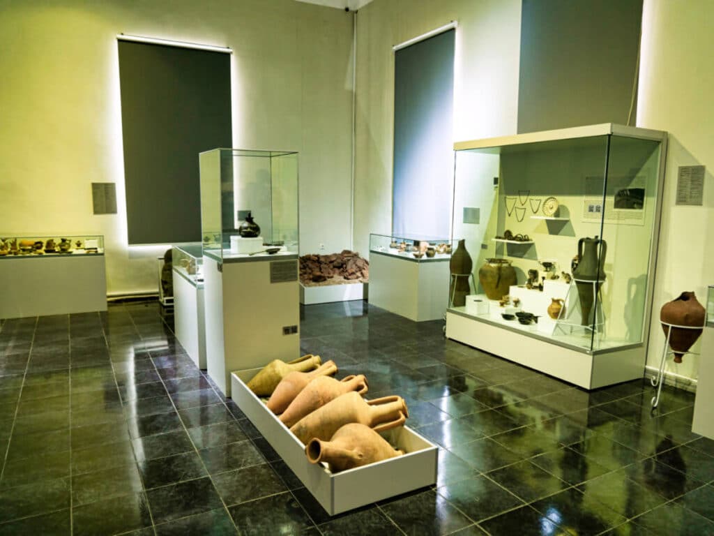 View of the ancient clay pots displayed inside the Batumi Archaeological Museum