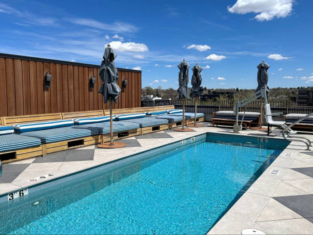 The lounge seats around the rooftop pool in Clayton Hotel