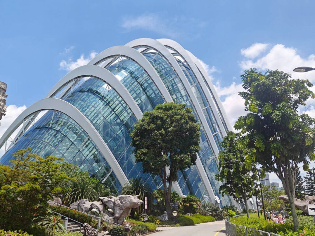 Clear blue sky over the glass dome of the Cloud Forest