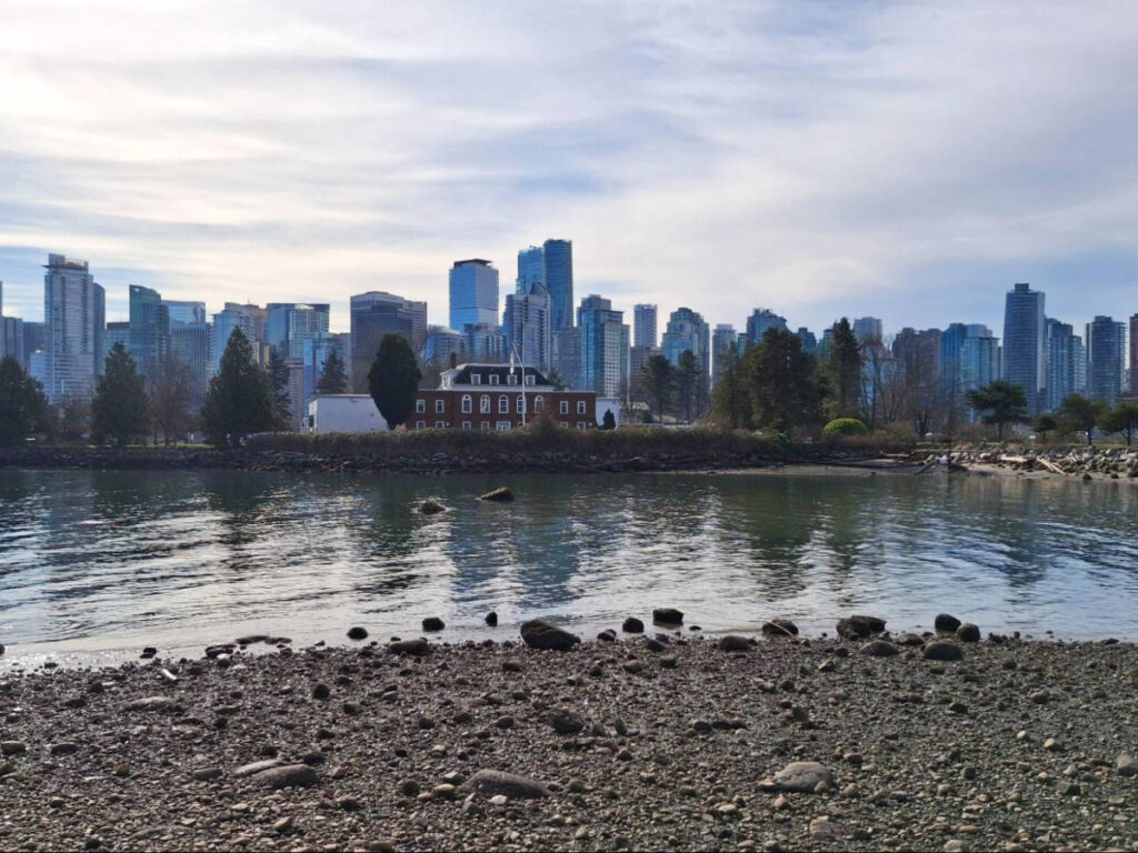 Panoramic skyline views of Coal Harbour from Stanley Park