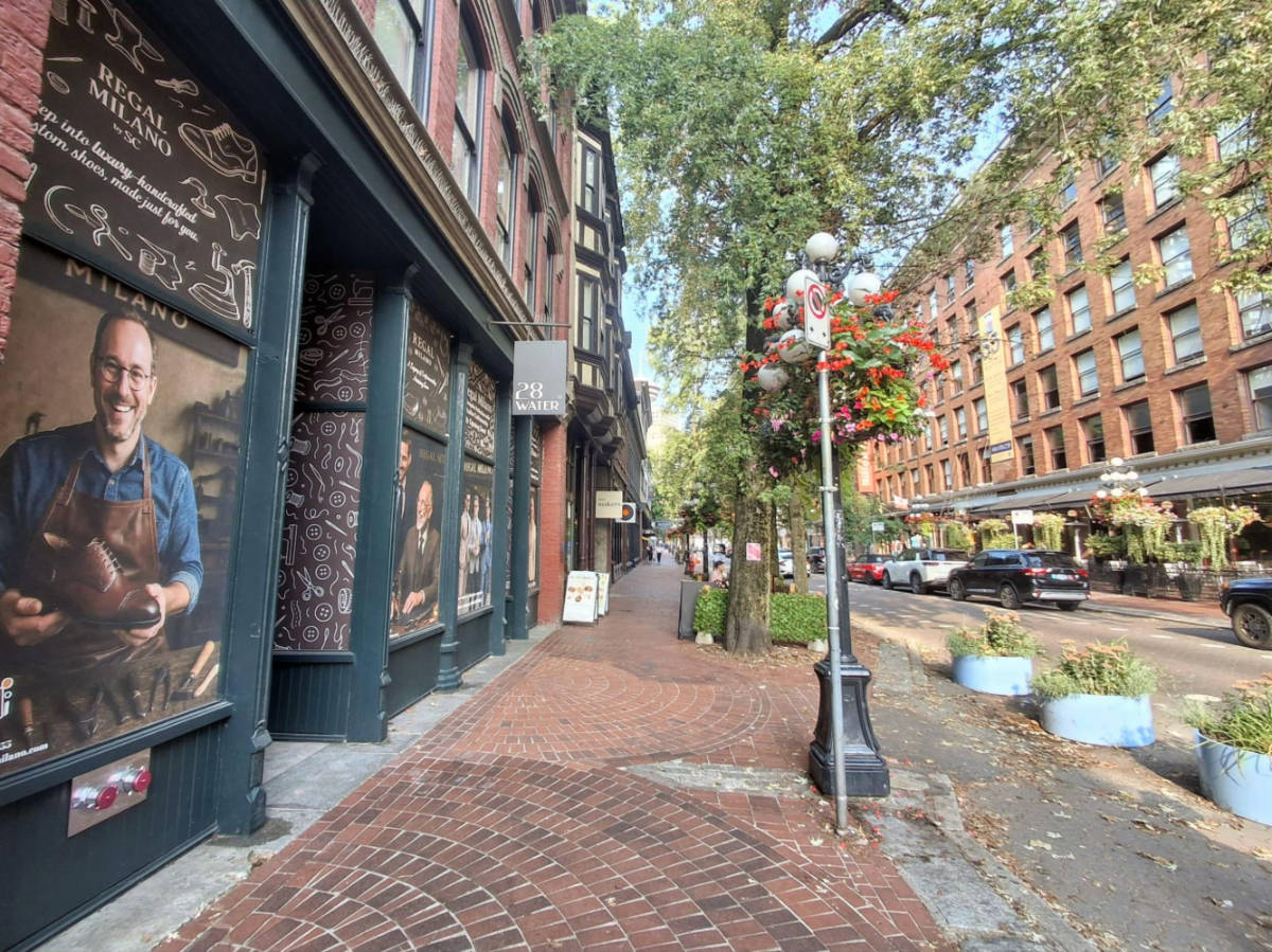 View of the historic buildings and cobbled sidewalks of Water Street