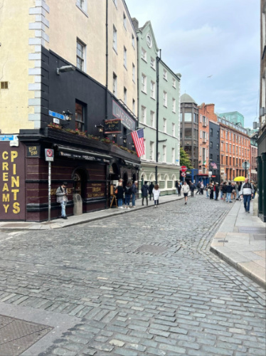 View of the cobblestone road in the middle of the shops around at Temple Bar district
