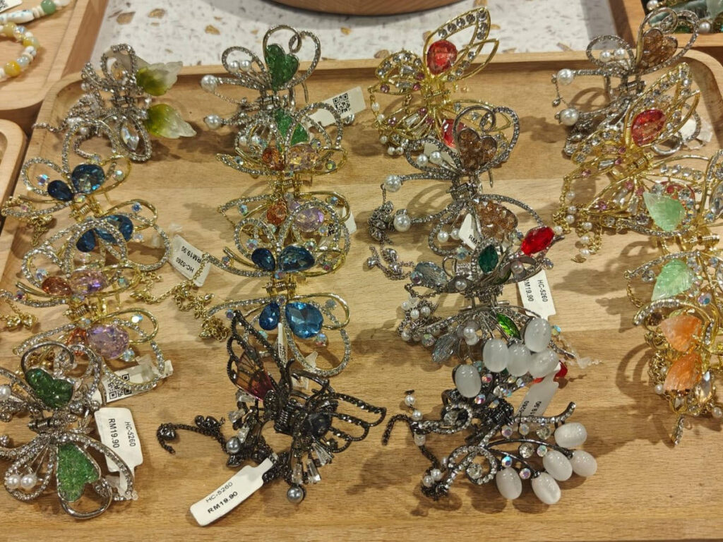 Closeup look of the hair clips and trinkets at a shop in Petaling Street Market