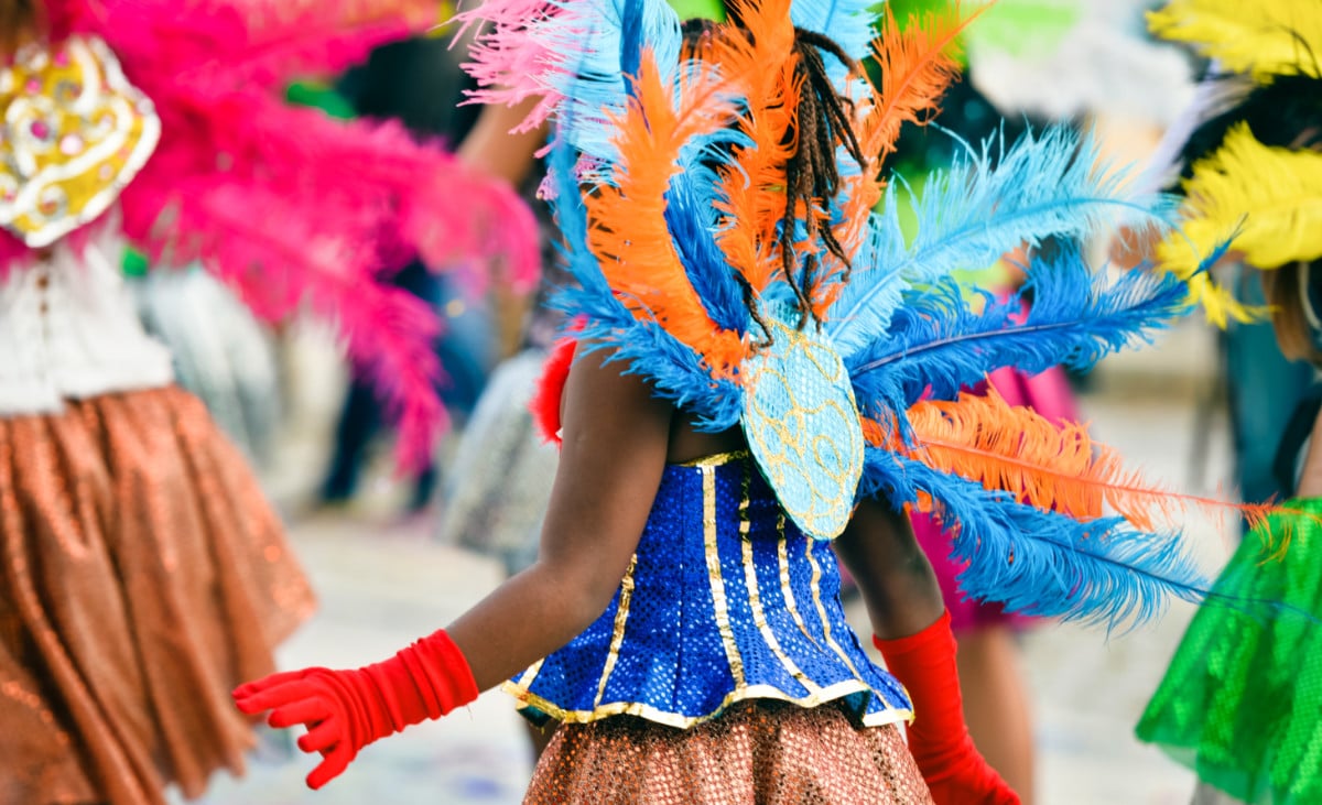 View of the colorful feathers on a Carnival outfit