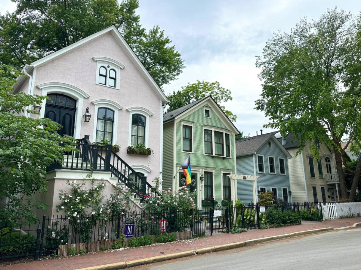 View of the lined colorful homes in Old Town Triangle