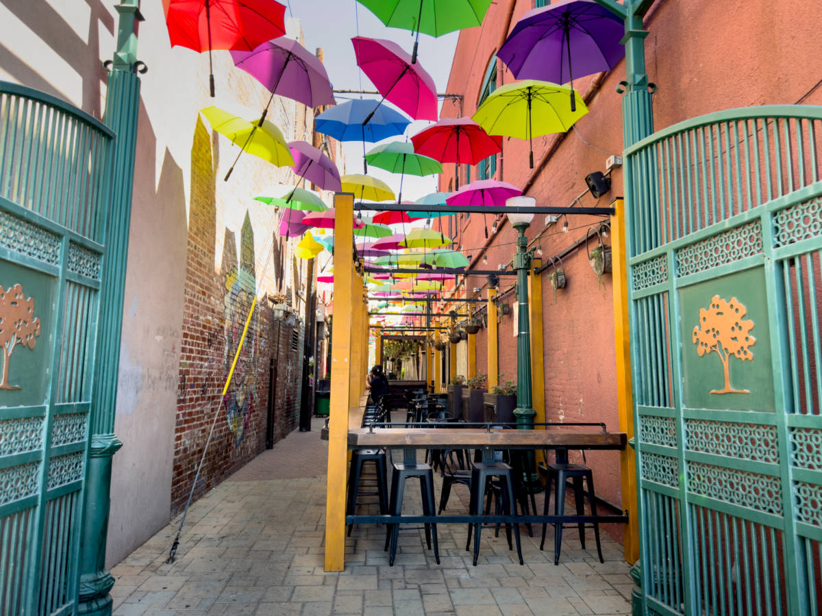 View of the colorful umbrellas above the Orange Street Alley