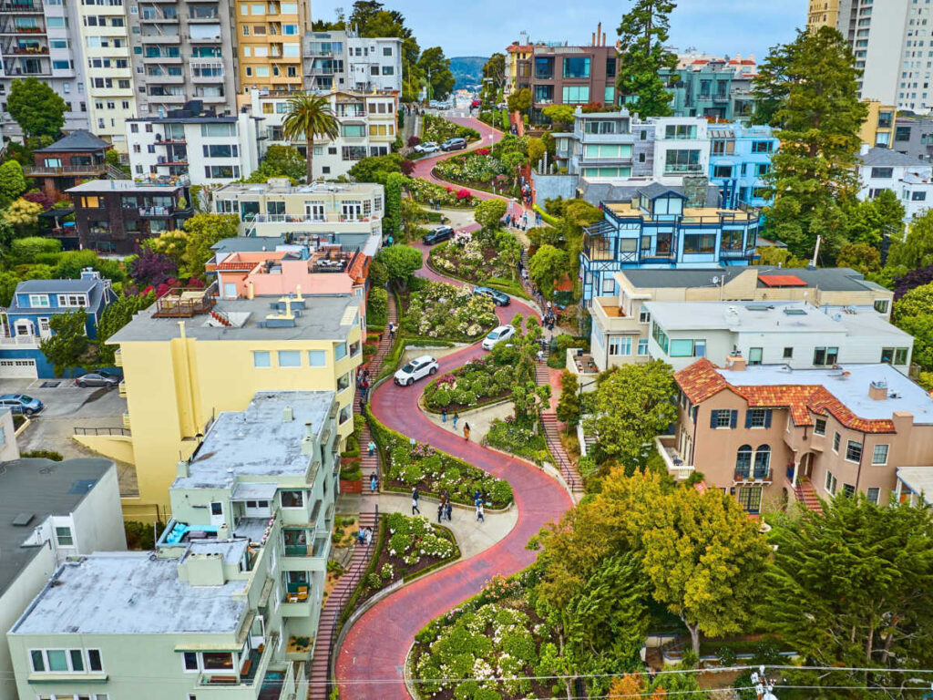 Aerial view of the colorful neighborhood of Russian Hill