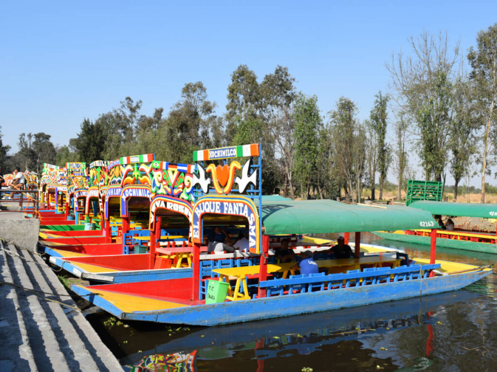 The colorful trajineras lined up in the canal