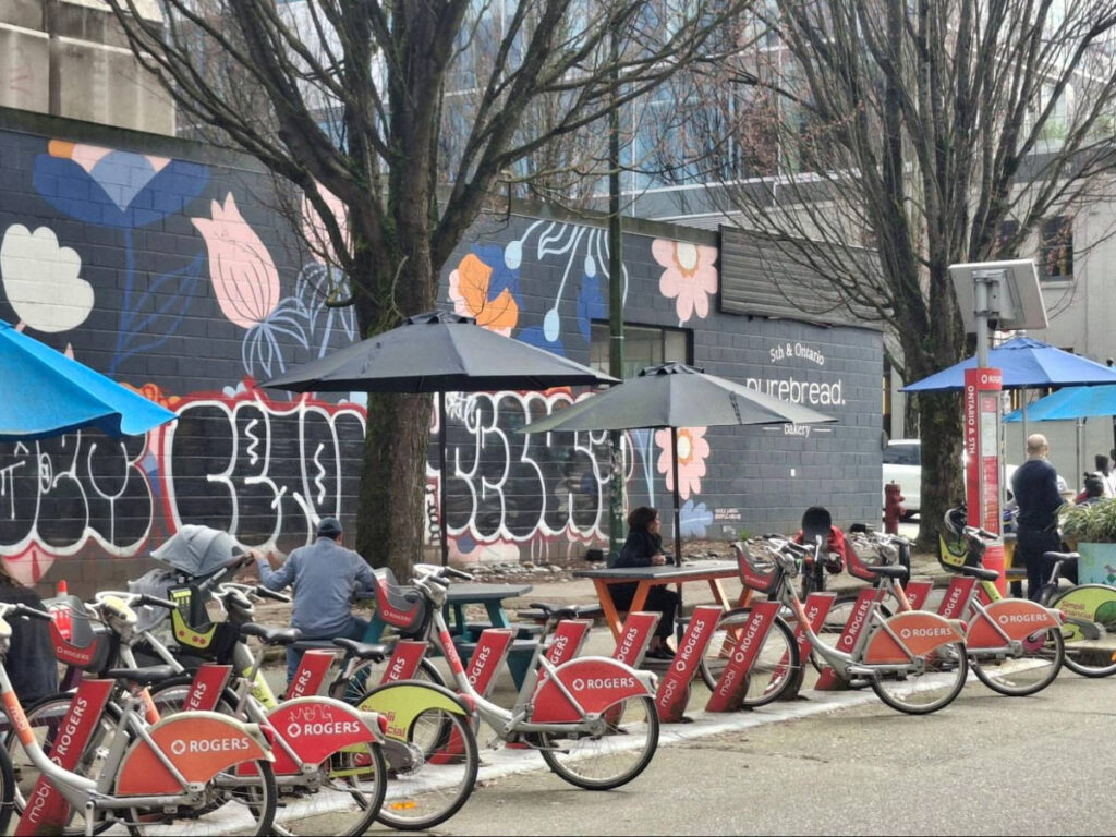View of the colourful murals in the plaza in Mount Pleasant