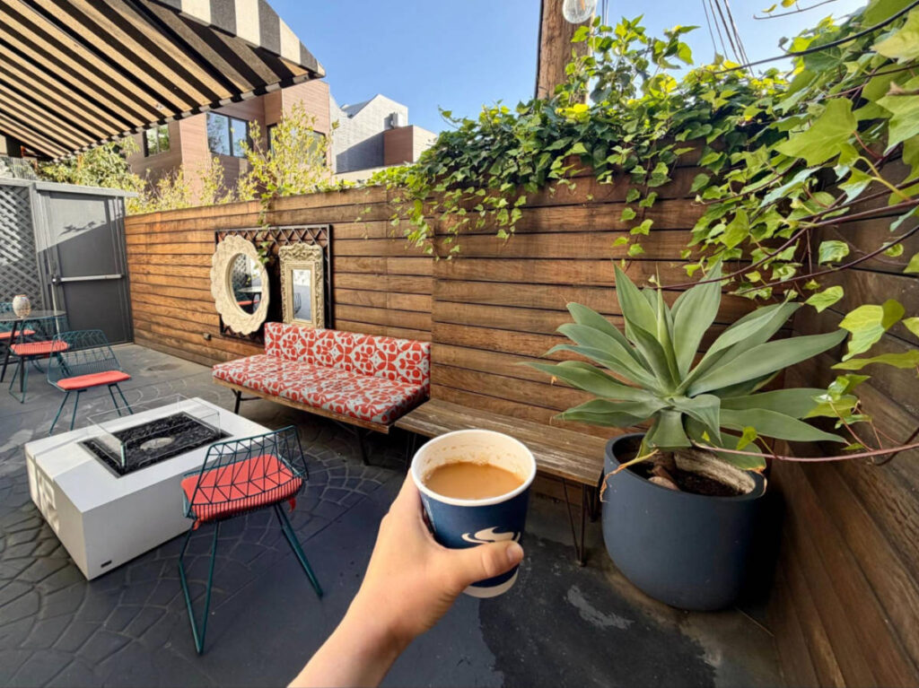 A cup of the complimentary coffee at the restaurant patio