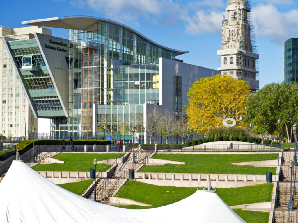 View of the glass walled building of the Connecticut Science Center