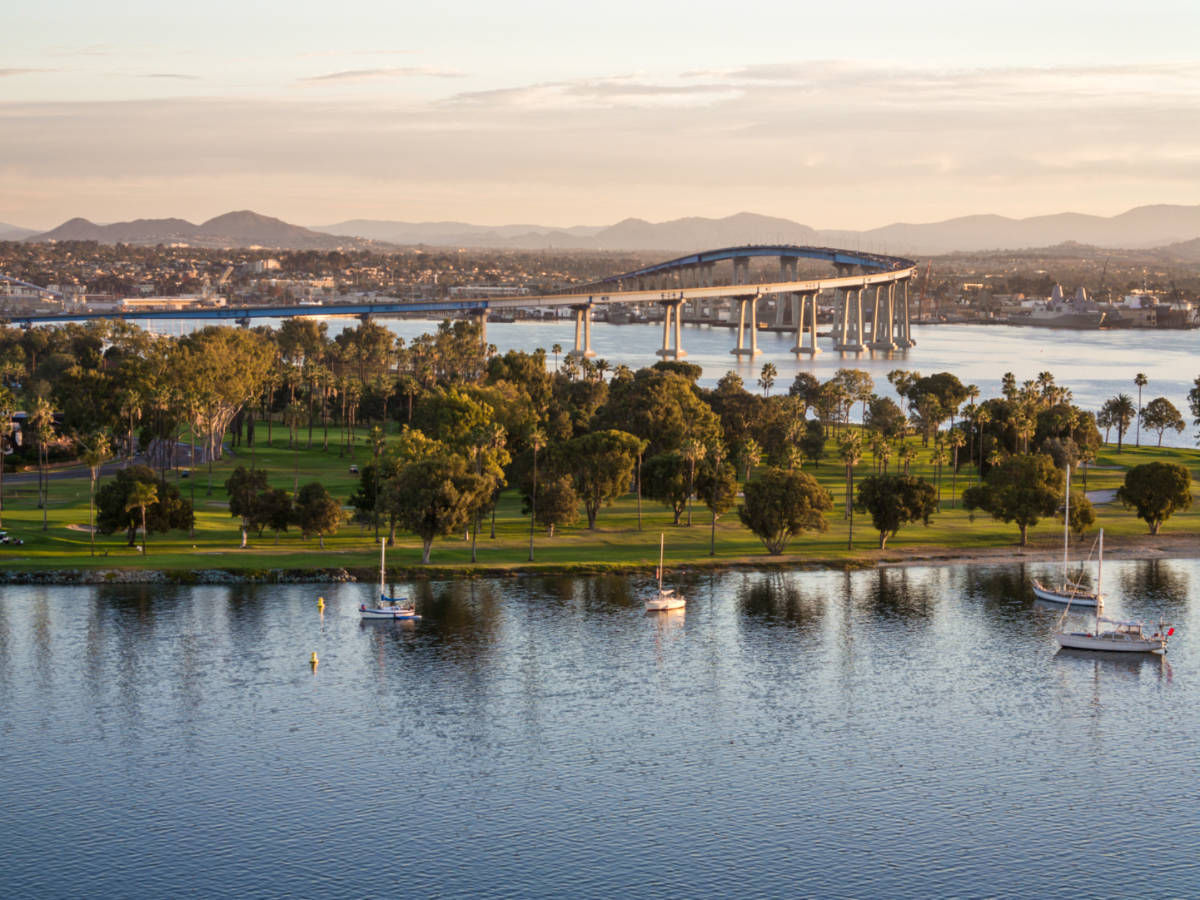 Aerial view of the bridge, bay, and village in Coronado