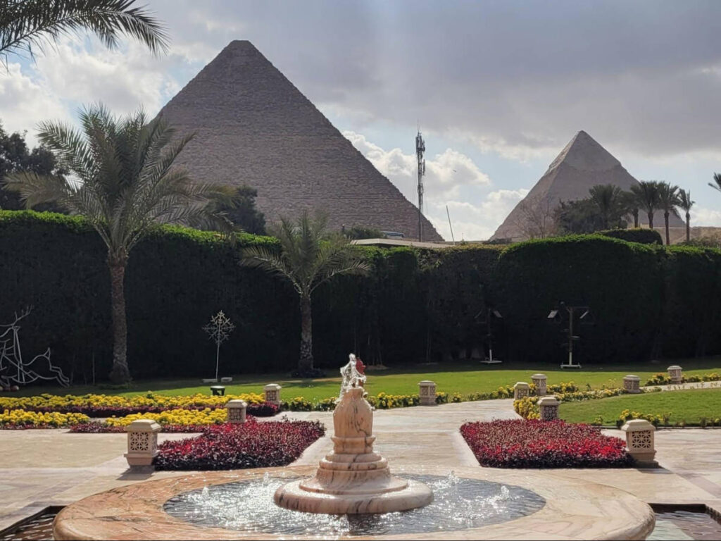 View of the pyramids from the courtyard at the Marriott Mena House