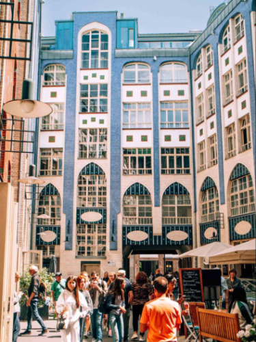 View of the gorgeous colorful façades of the courtyards’ buildings