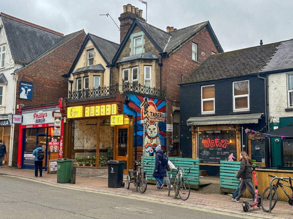 View of the shops along Cowley Road in Oxford