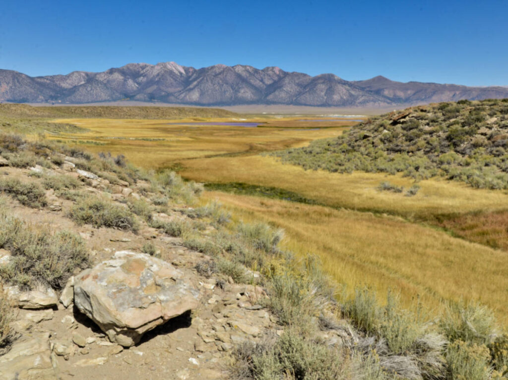 View of the Crab Cooker Hot Springs from a distance on a sunny day