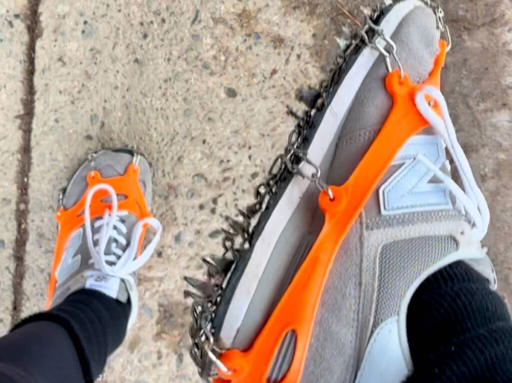 Shoes with crampons on it