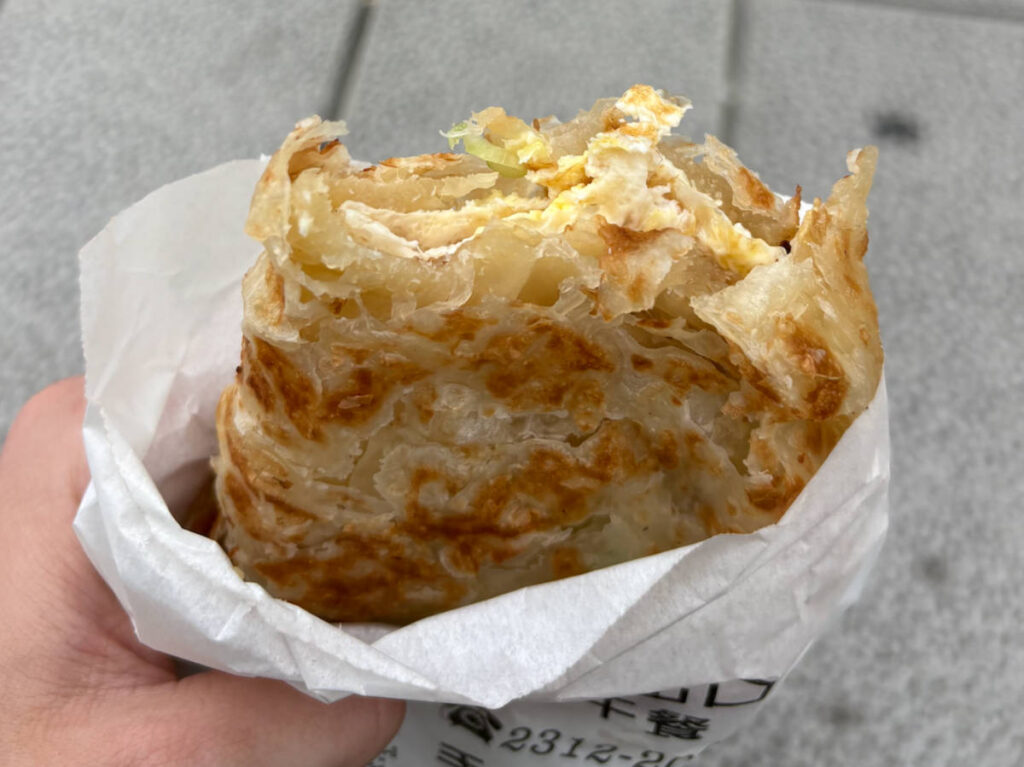 Close up view of a scallion pancake