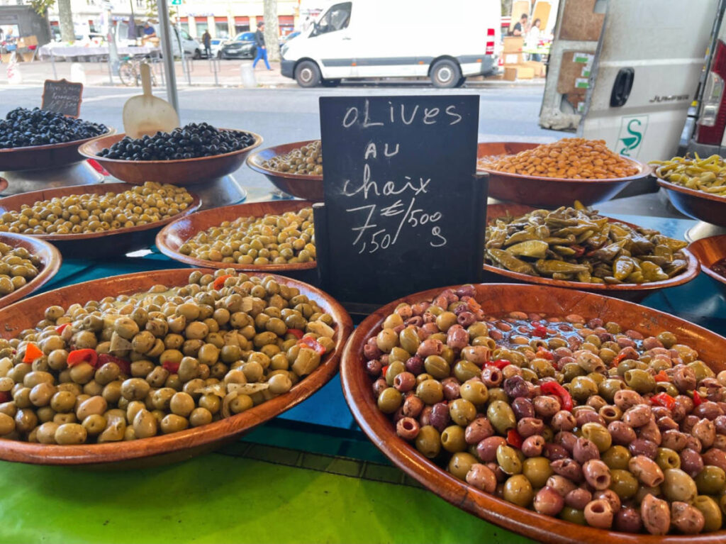 View of olives available at the Croix Rousse Market