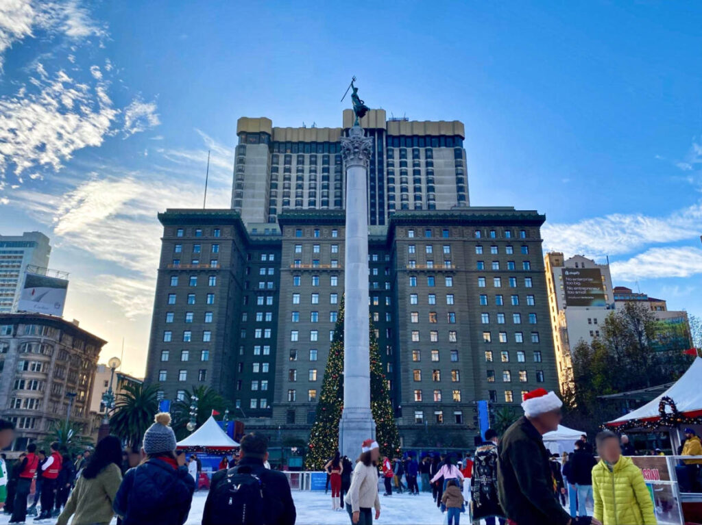 People ice skating around the Union Square
