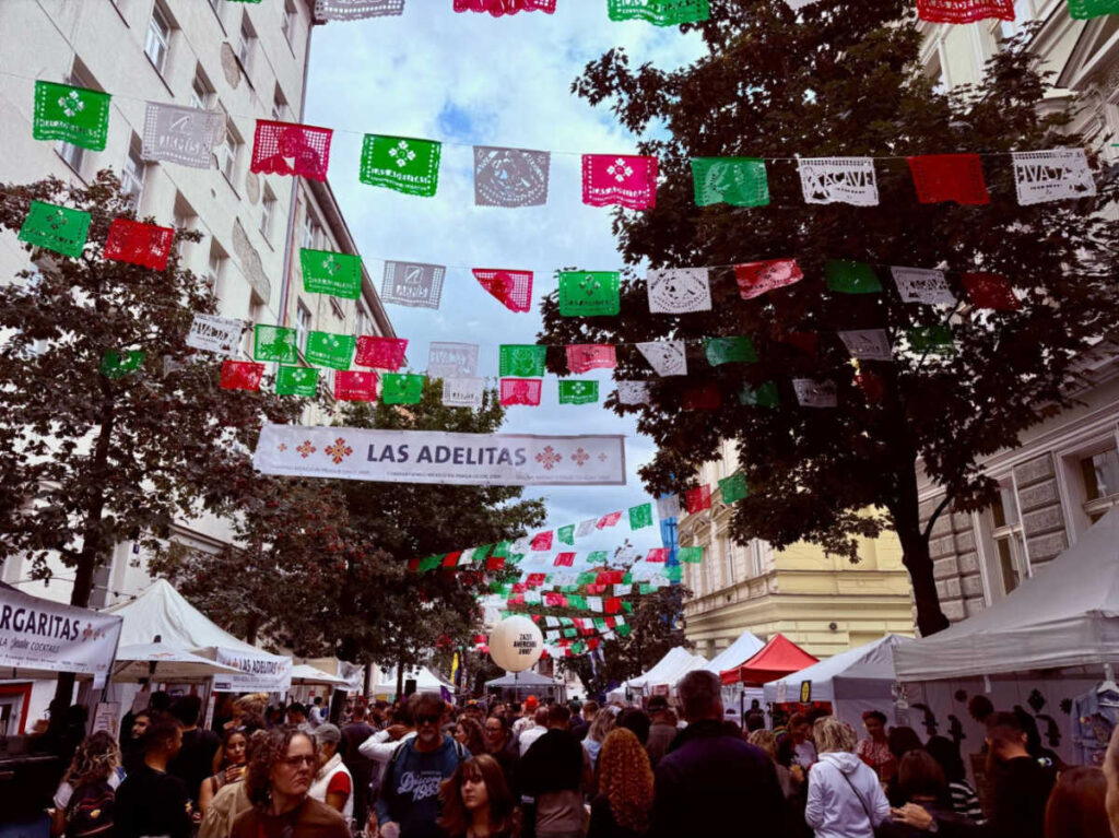 view of the hanging banners and the crowd at The Ameriká Street Festival