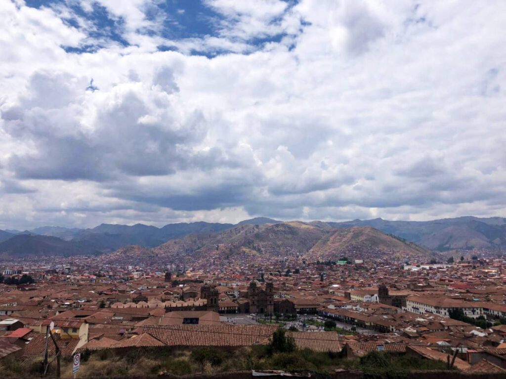 Aerial view of Cusco and the mountain ranges behind