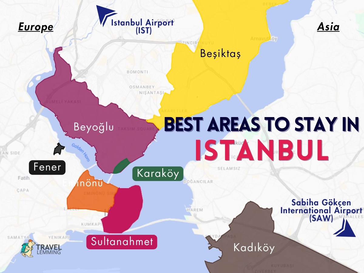 A graphic map that shows the best areas to stay in Istanbul