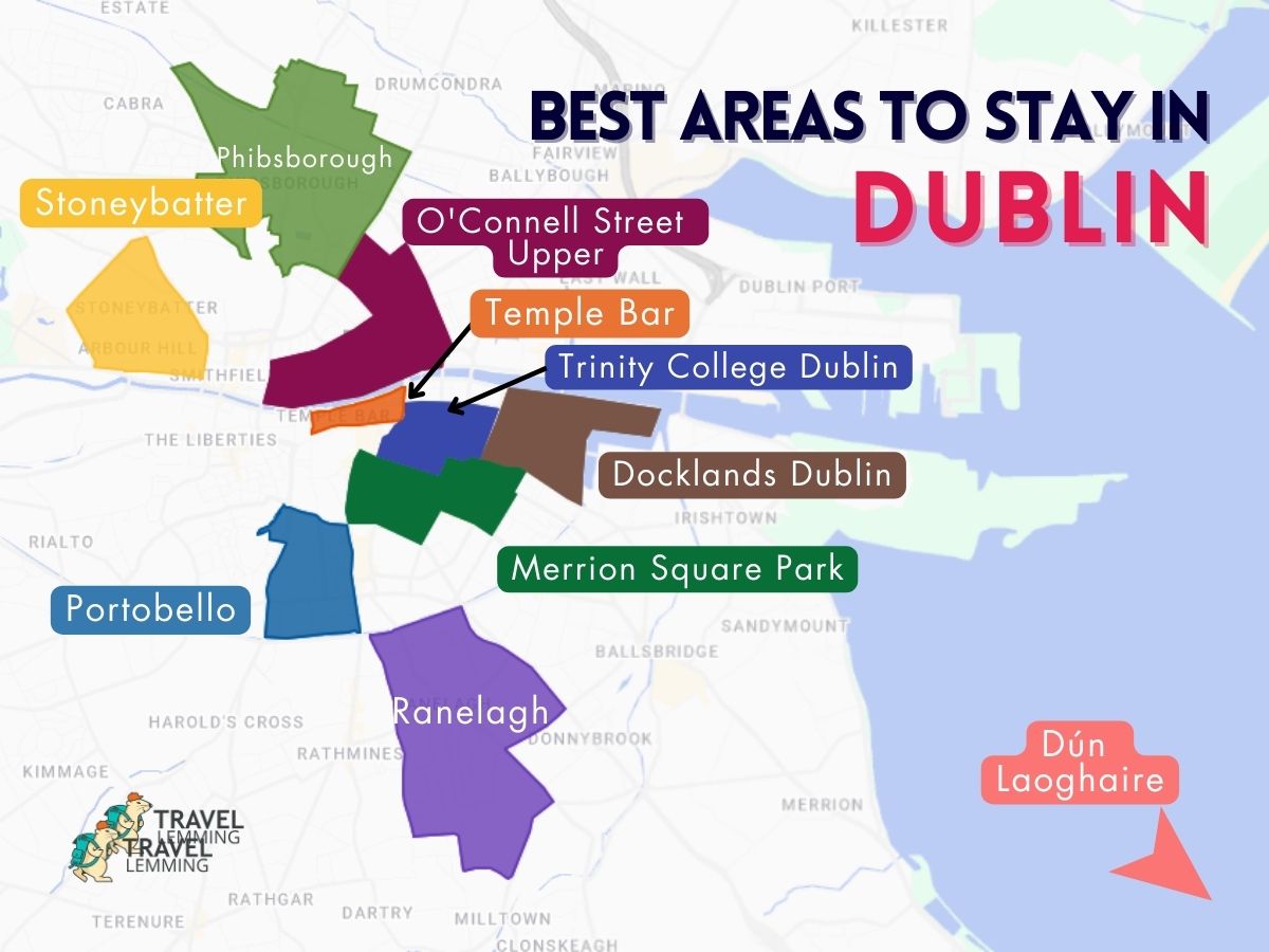 A graphic map that shows the best areas to stay in Dublin