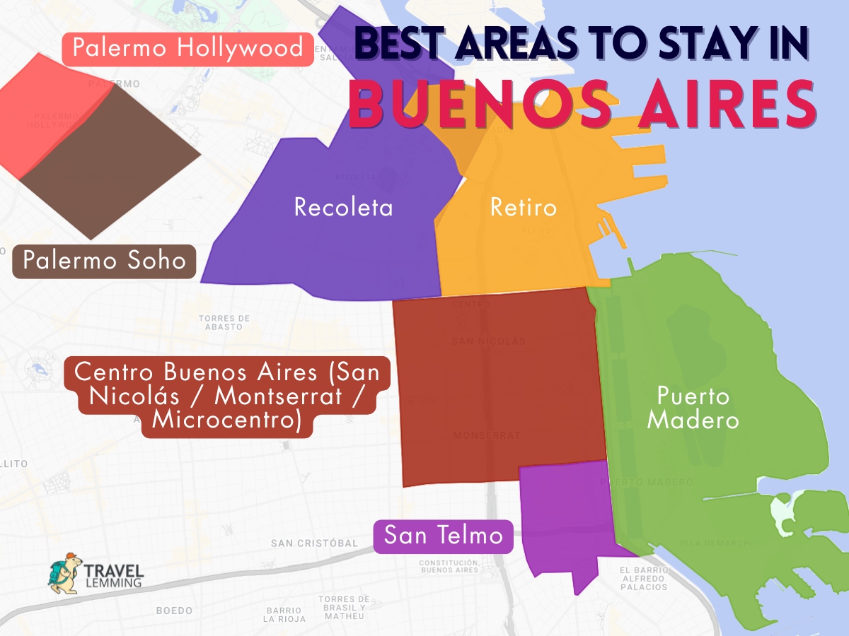 A graphic map that shows the best areas to stay in Buenos Aires
