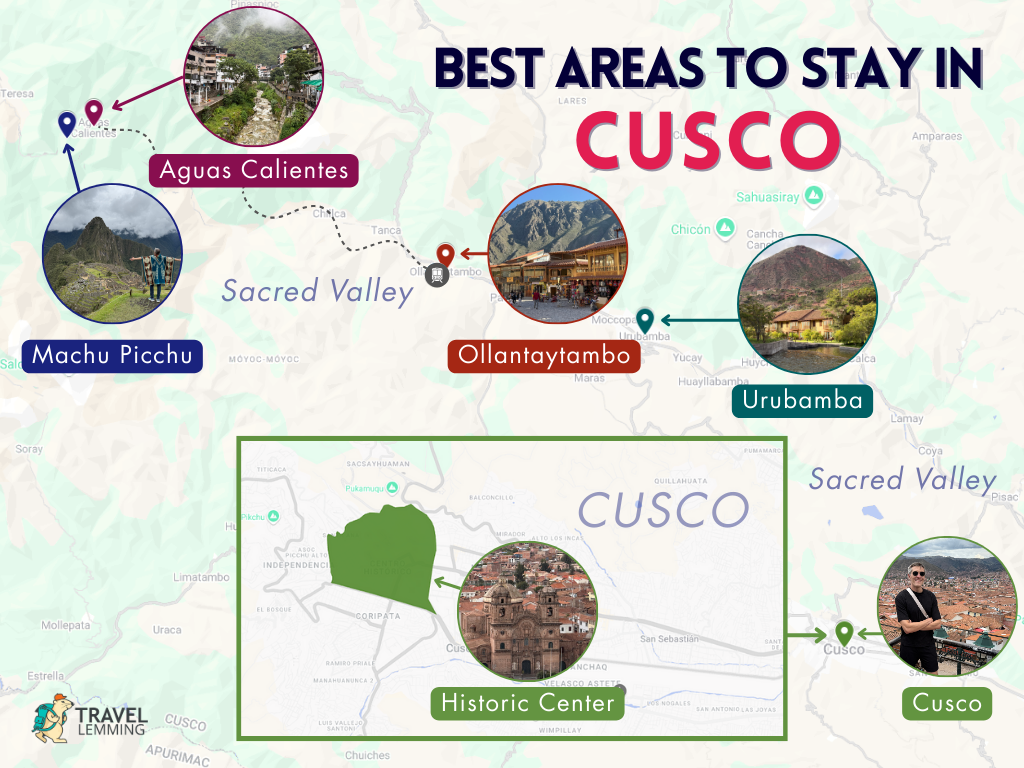 A graphic map that shows the best areas to stay in Cusco