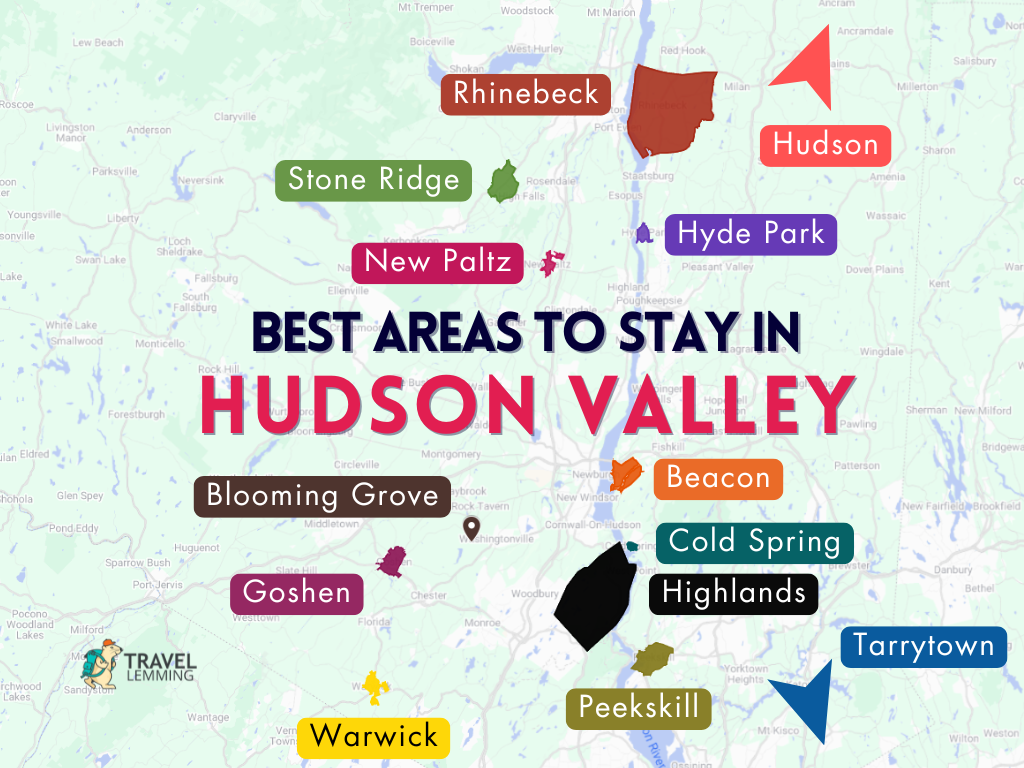 A graphic map that shows the best areas to stay in Hudson Valley