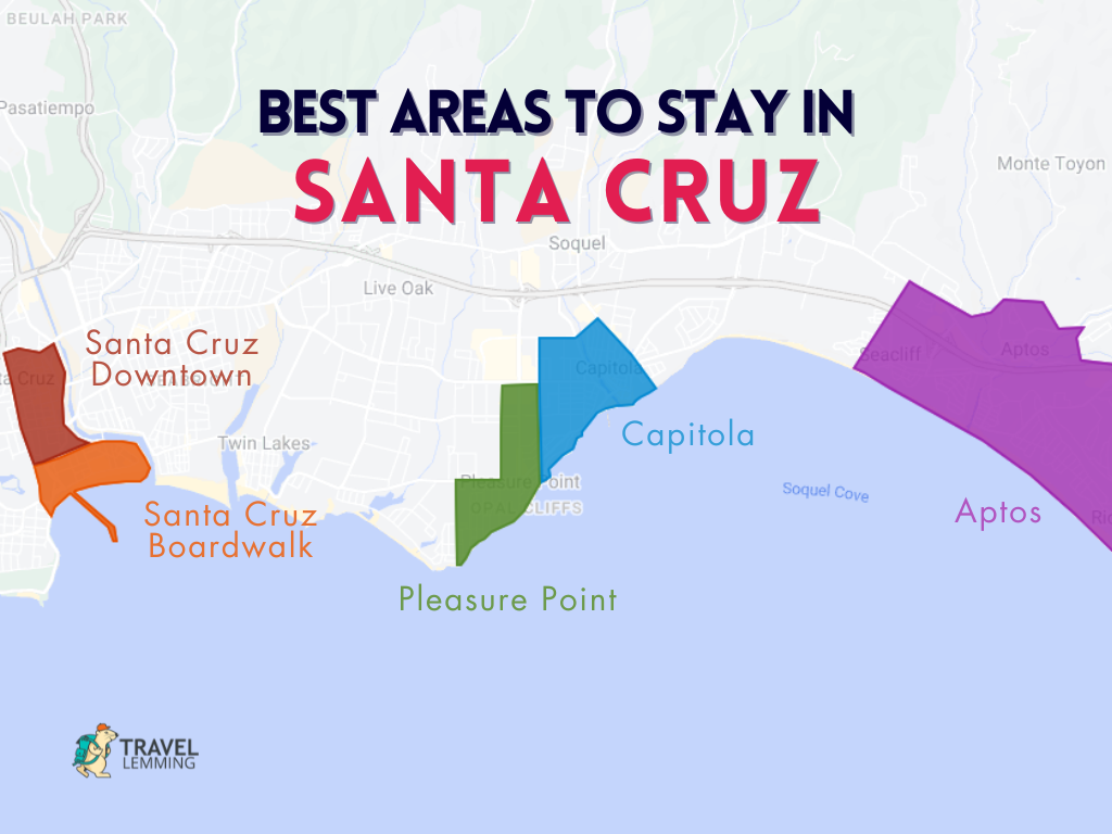 A graphic map that shows the best areas to stay in Santa Cruz