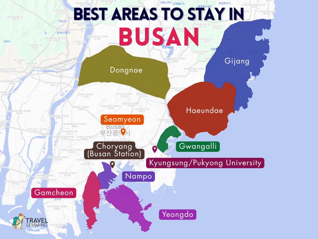 A graphic map that shows the best areas to stay in Busan