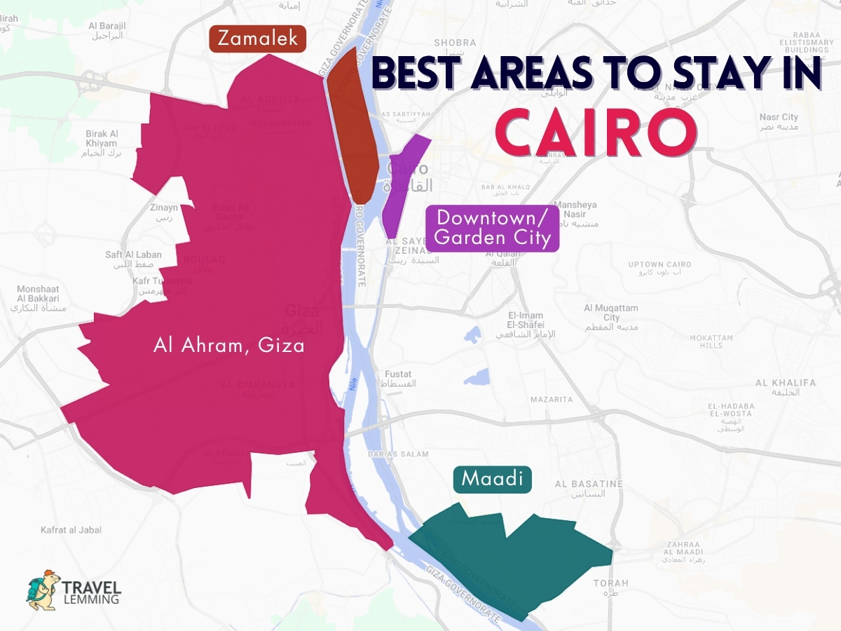 A graphic map that shows the best areas to stay in Cairo
