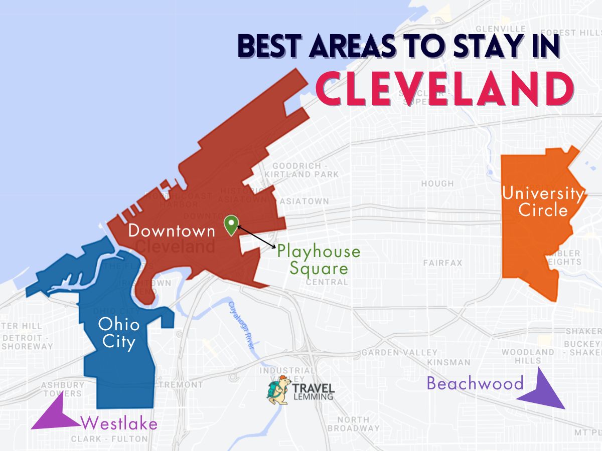 A graphic map that shows the best areas to stay in Cleveland