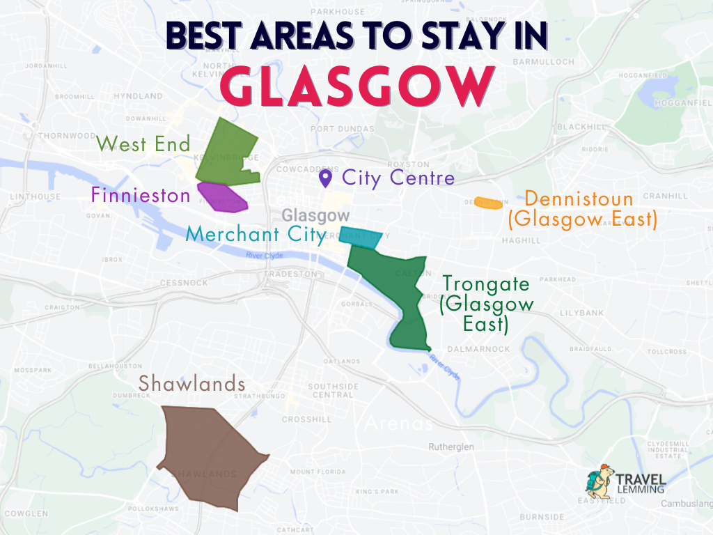 A graphic map that shows the best areas to stay in Glasgow