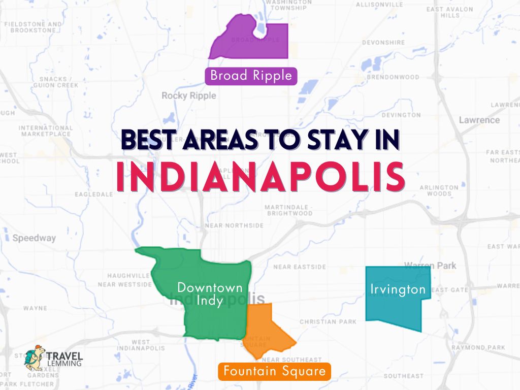 A graphic map that shows the best areas to stay in Indianapolis