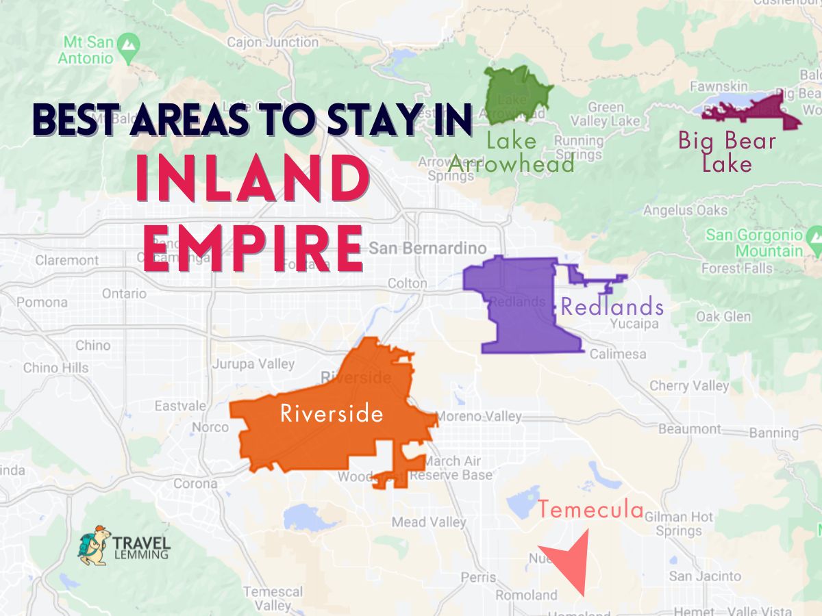 A graphic map that shows the best areas to stay in Inland Empire